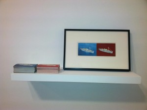 Red C/Red Sea, 2013  Postcard and paint on postcard on museum board: Printed postcards on wood shelf. 